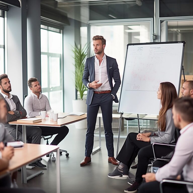 male-business-coach-suit-conducts-seminar-business-speaker-shows-presentation-advanced-training-company